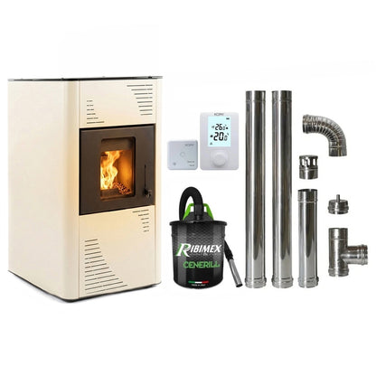 Pachet economic - Termosemineu pe peleti Termax Kamin PM 15 kW, 120 mp, buncar peleti 30 kg, diametru cos fum Ø80 mm, vas expansiune si pompa recirculare incluse, Ivory + Termostat KOPH 303RF + Aspirator cenusa 1000W + Cos fum inox de interior Ø80 mm
