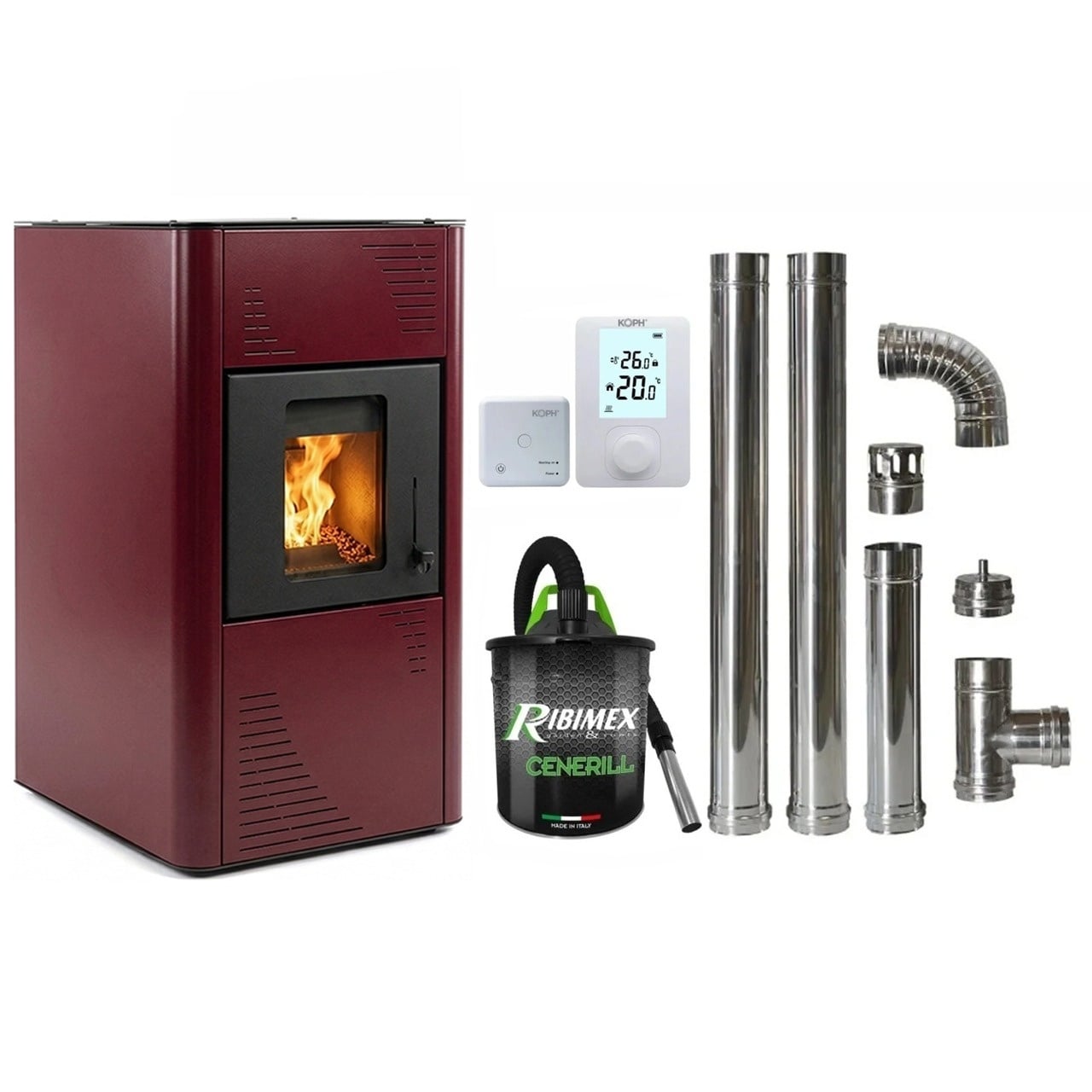 Pachet economic - Termosemineu pe peleti Termax Kamin PM 15 kW, 120 mp, buncar peleti 30 kg, diametru cos fum Ø80 mm, vas expansiune si pompa recirculare incluse, Bordo + Termostat KOPH 303RF + Aspirator cenusa 1000W + Cos fum inox de interior Ø80 mm