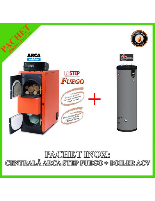 Arca Step Fuego FU 56R Inox Wood Pellet Boiler with ACV Smart E 300 Stainless Steel Indirect Water Heater