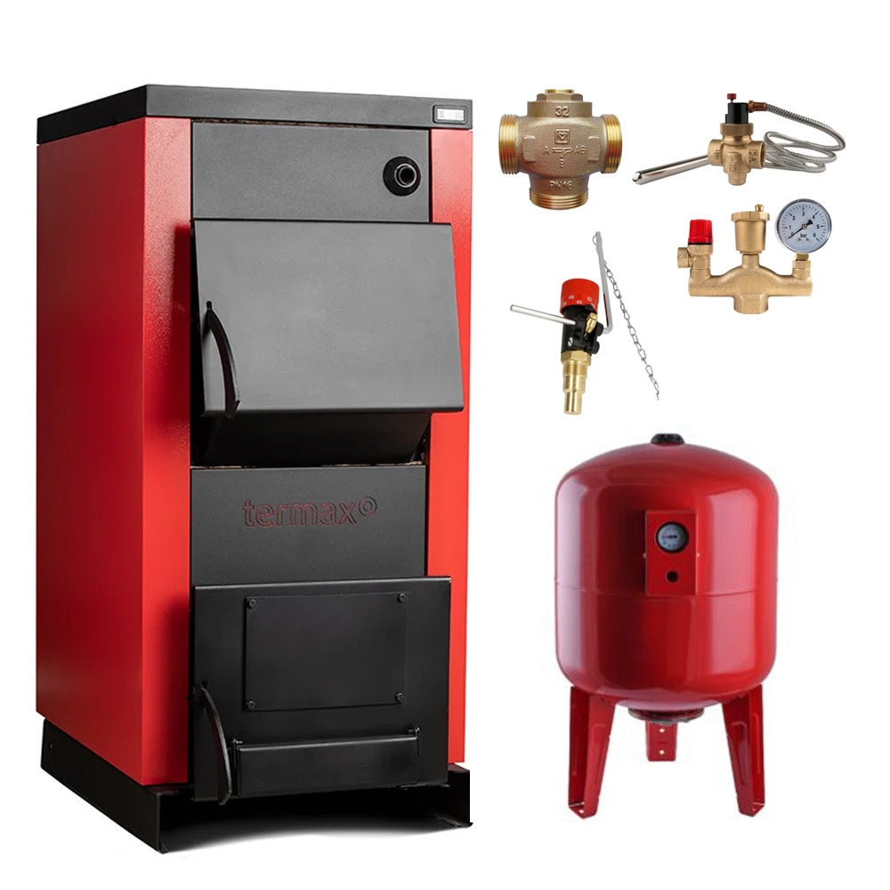 Pachet siguranta completa - Centrala/Cazan pe lemn Termax 25 kW, cu ardere standard, volum manta apa 75 litri, vas expansiune, vana termostatica, supapa termica, grup siguranta si regulator de tiraj