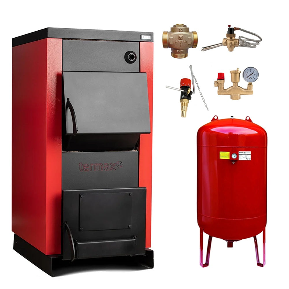 Pachet siguranță completă - Centrală/Cazan pe lemn Termax 30 kW, cu ardere standard, volum manta apă 90 litri, vas expansiune, vană termostatică, supapă termică, grup siguranță și regulator de tiraj