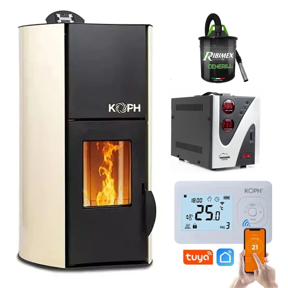 KOPH PM 25 kW Pellet Fireplace Smart Control Bundle: 160sqm Heating, WiFi Thermostat, Ash Vacuum, and Voltage Stabilizer
