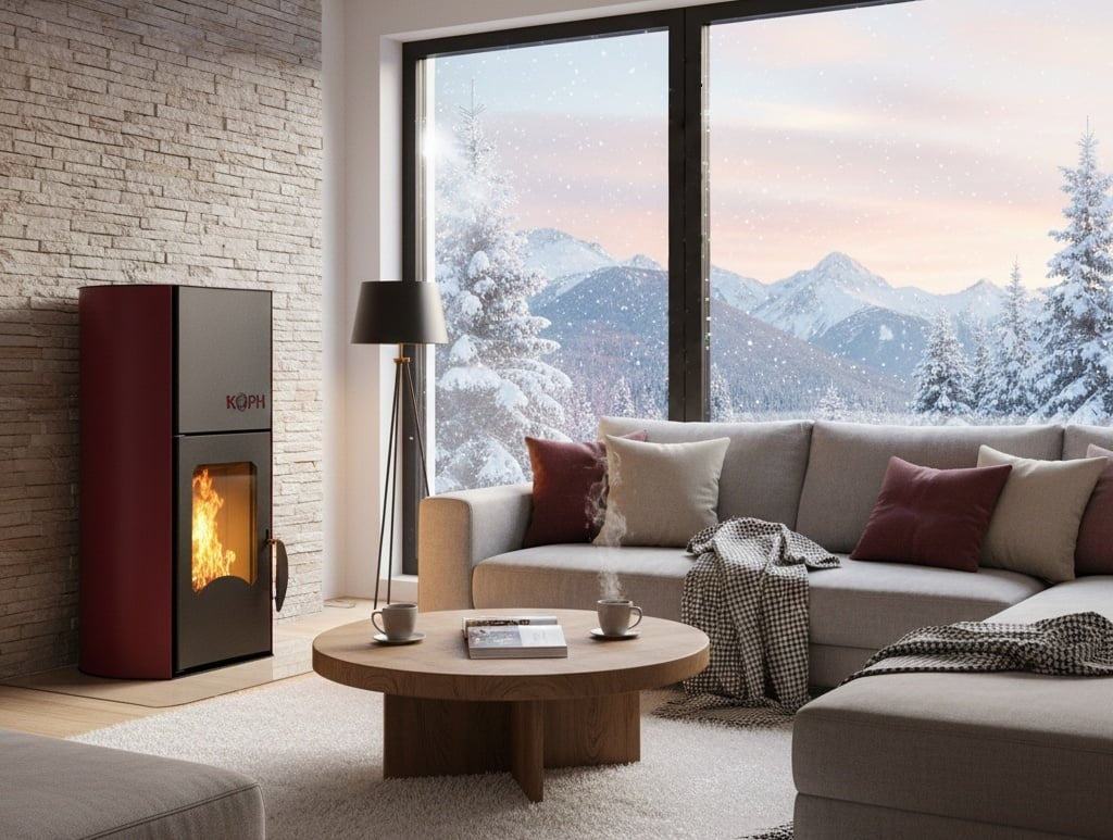 KOPH PM 25kW Pellet Fireplace Smart Control Bundle: 160sqm Heating, WiFi Thermostat, Ash Vacuum, and Voltage Stabilizer