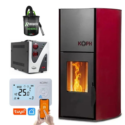 KOPH PM 25kW Pellet Fireplace Smart Control Bundle: 160sqm Heating, WiFi Thermostat, Ash Vacuum, and Voltage Stabilizer