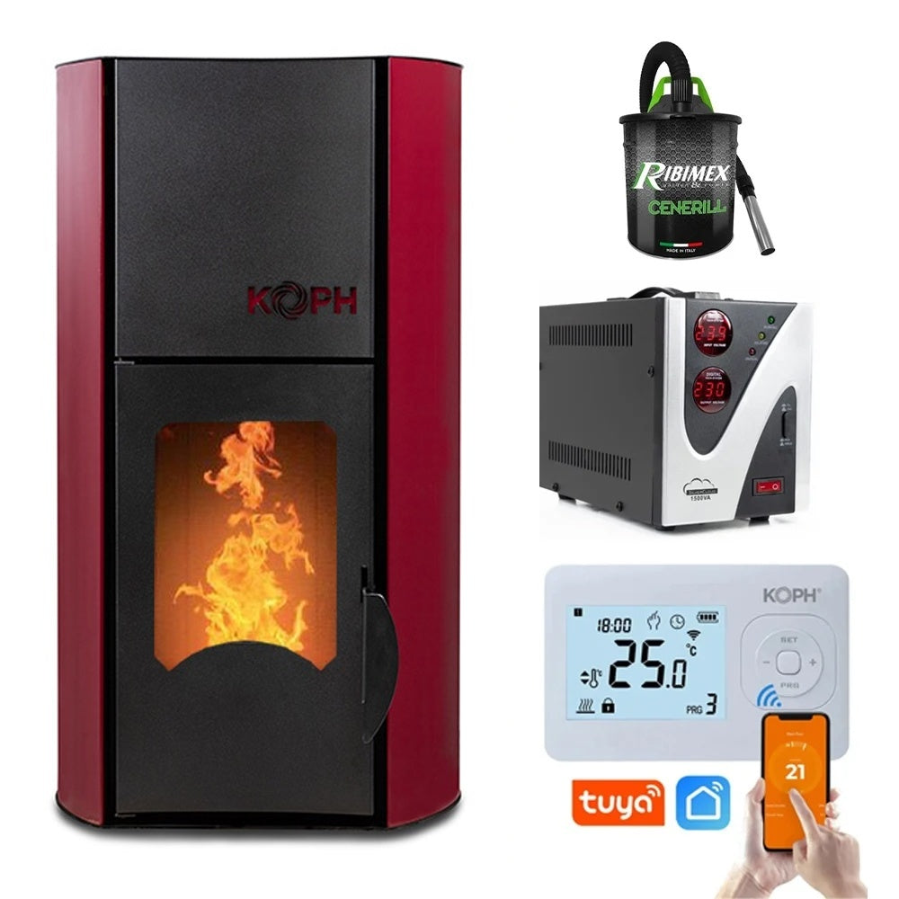 Pachet Smart Control: Termosemineu peleti KOPH PM 30kW (200mp) cu accesorii, Termostat WiFi KOPH I302, Aspirator cenusa 1000W si Stabilizator tensiune