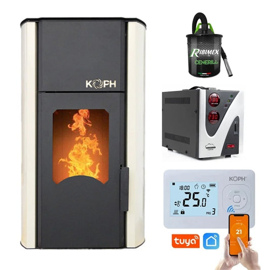 KOPH PM 30kW Pellet Fireplace Smart Control Bundle: 200sqm Heating, WiFi Thermostat, Ash Vacuum, and Voltage Stabilizer