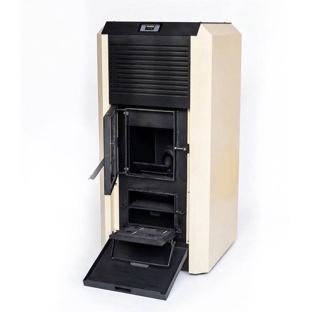 Pachet Smart Control: Termosemineu peleti Termax Kamin ECO 30kW cu Termostat WiFi, Aspirator Cenusa si Stabilizator Tensiune