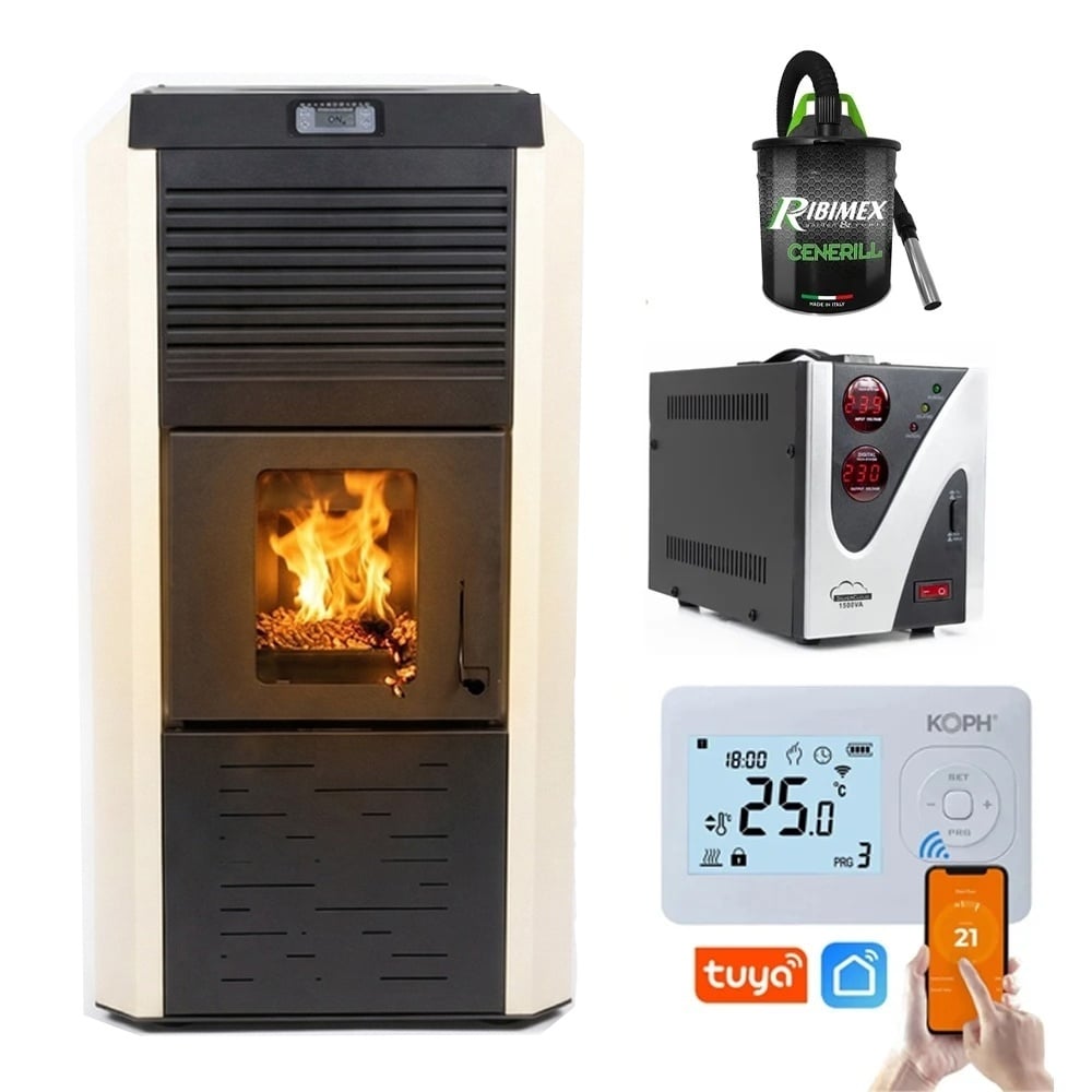 Pachet Smart Control: Termosemineu peleti Termax Kamin ECO 30kW cu Termostat WiFi, Aspirator Cenusa si Stabilizator Tensiune