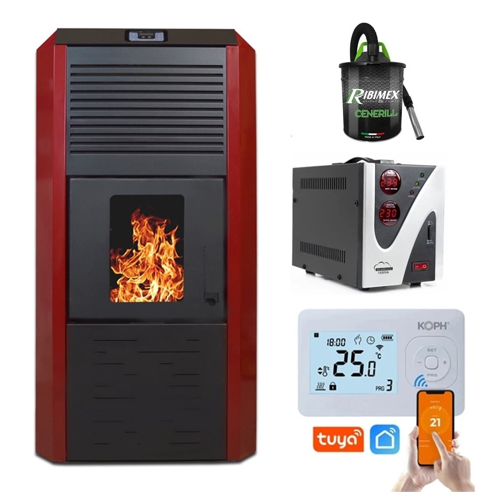 Pachet Smart Control: Termosemineu peleti Termax Kamin ECO 30kW cu Termostat WiFi, Aspirator Cenusa si Stabilizator Tensiune