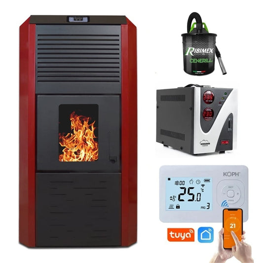 Pachet Smart Control: Termosemineu peleti Termax Kamin ECO 30kW cu Termostat WiFi, Aspirator Cenusa si Stabilizator Tensiune