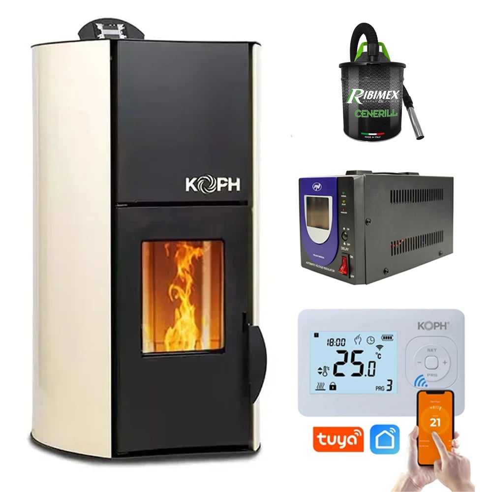 Pachet Smart Control: Termosemineu pe peleti KOPH PM 12 kW (80 mp) cu Termostat WiFi, Aspirator cenusa si Stabilizator tensiune
