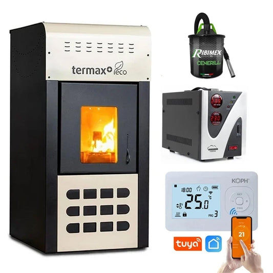 Pachet Smart Control: Termosemineu pe peleti Termax Kamin ECO 25kW, Termostat WiFi KOPH I302, Aspirator cenusa 1000W si Stabilizator tensiune