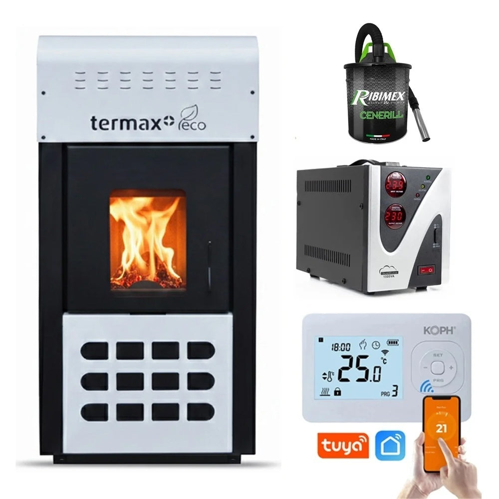 Pachet Smart Control: Termosemineu pe peleti Termax Kamin ECO 25kW, Termostat WiFi KOPH I302, Aspirator cenusa 1000W si Stabilizator tensiune