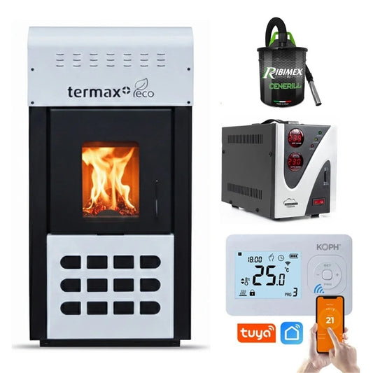 Pachet Smart Control: Termosemineu pe peleti Termax Kamin ECO 25kW, Termostat WiFi KOPH I302, Aspirator cenusa 1000W si Stabilizator tensiune