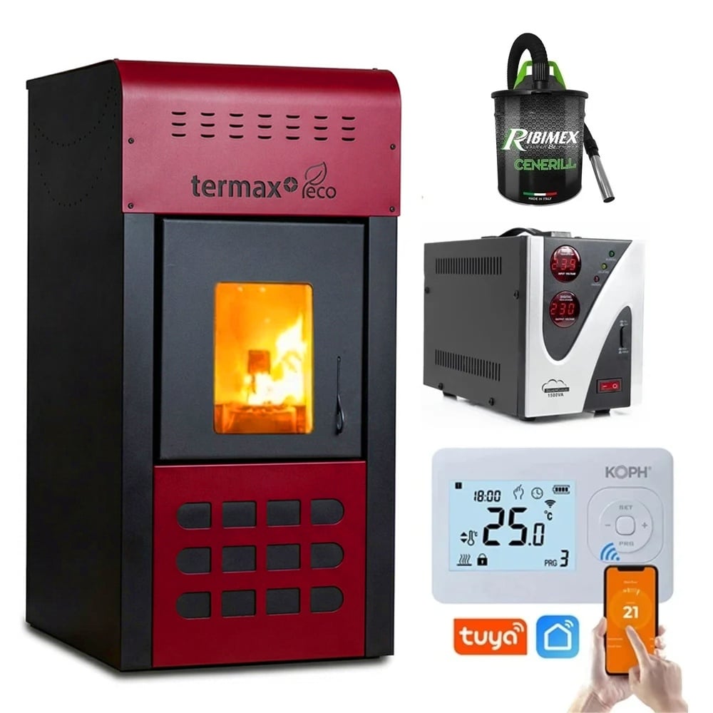 Pachet Smart Control: Termosemineu pe peleti Termax Kamin ECO 25kW, Termostat WiFi KOPH I302, Aspirator cenusa 1000W si Stabilizator tensiune