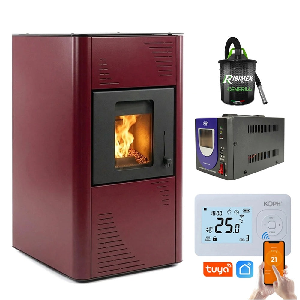 Pachet Smart Control: Termosemineu pe Peleti Termax Kamin 15kW cu Termostat WiFi, Aspirator Cenusa si Stabilizator Tensiune