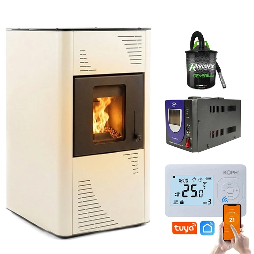 Pachet Smart Control: Termosemineu pe Peleti Termax Kamin 15kW cu Termostat WiFi, Aspirator Cenusa si Stabilizator Tensiune