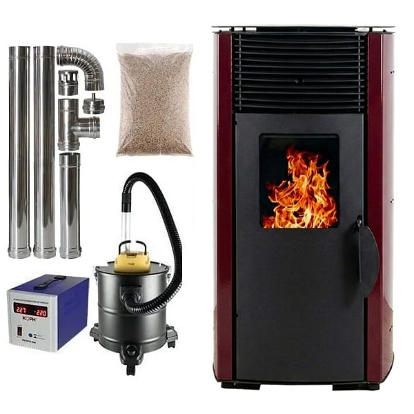 Soba pe peleti KOPH PD 10 kW cu aer cald, capacitate buncar 12 kg, pentru incalzire pana la 60 mp, culoare Bordo