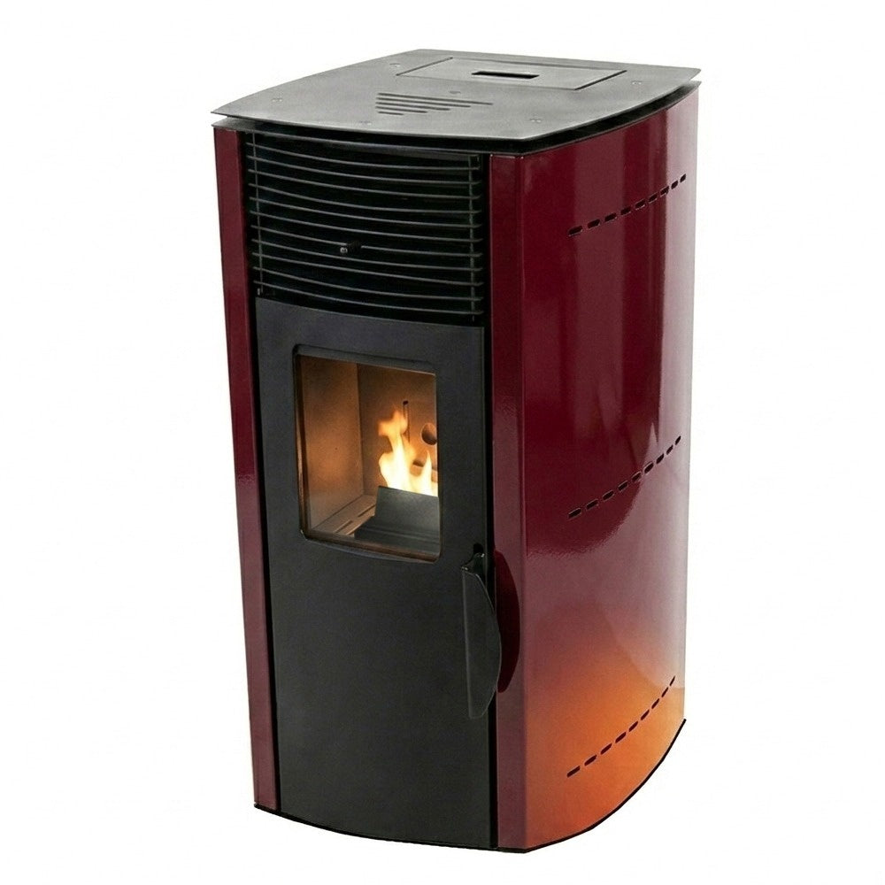 Soba pe peleti KOPH PD 10 kW cu aer cald, capacitate buncar 12 kg, pentru incalzire pana la 60 mp, culoare Bordo