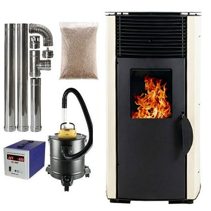 Soba pe peleti KOPH PD 10 kW cu aer cald, buncar 12 kg, pentru incalzire 60 mp, Culoare Crem