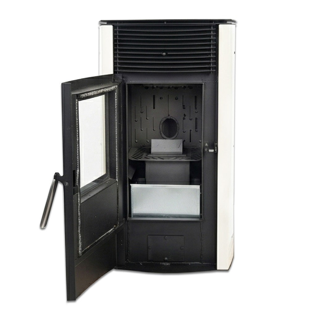 Soba pe peleti KOPH PD 10 kW cu aer cald, buncar 12 kg, pentru incalzire 60 mp, Culoare Alb