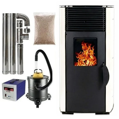 Soba pe peleti KOPH PD 10 kW cu aer cald, buncar 12 kg, pentru incalzire 60 mp, Culoare Alb