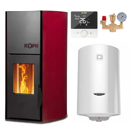 Pachet termosemineu cu peleti KOPH PM 18 kW, 120 mp, buncar 15 kg, diametru cos fum 80 mm, pompa recirculare si vas expansiune incorporate, Boiler termoelectric Ariston 100 litri, Grup siguranta, Termostat inteligent KOPH WT-25