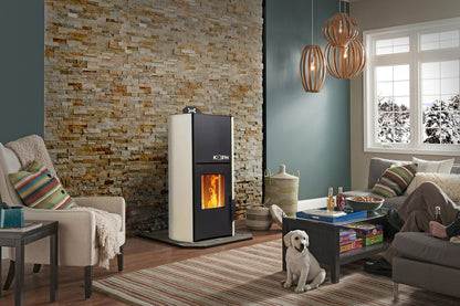 Pachet Termosemineu pe Peleti KOPH PM 18 kW, Capacitate Incalzire 120 mp, Buncar 15 kg, Evacuare 80 mm, cu Pompa Recirculare si Vas Expansiune, Culoare Crem