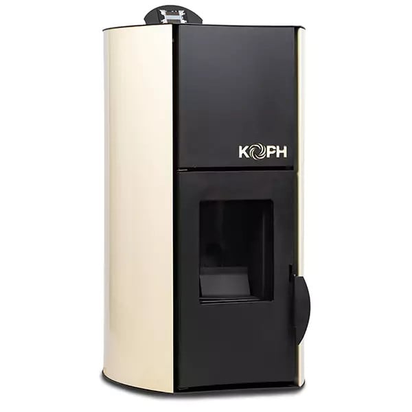 Pachet Termosemineu pe Peleti KOPH PM 18 kW, Capacitate Incalzire 120 mp, Buncar 15 kg, Evacuare 80 mm, cu Pompa Recirculare si Vas Expansiune, Culoare Crem