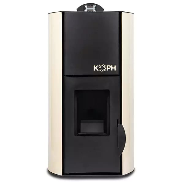 Pachet Termosemineu pe Peleti KOPH PM 18 kW, Capacitate Incalzire 120 mp, Buncar 15 kg, Evacuare 80 mm, cu Pompa Recirculare si Vas Expansiune, Culoare Crem