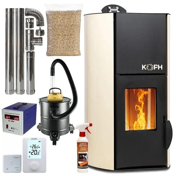 Pachet Termosemineu pe Peleti KOPH PM 18 kW, Capacitate Incalzire 120 mp, Buncar 15 kg, Evacuare 80 mm, cu Pompa Recirculare si Vas Expansiune, Culoare Crem