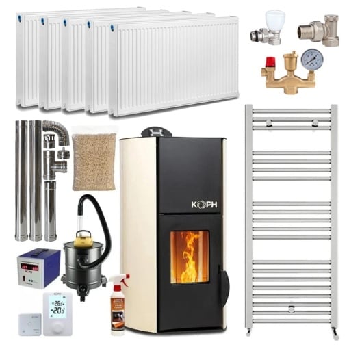 Pachet Termosemineu pe Peleti KOPH PM 18 kW, 120 mp, Buncar 15 kg, Pompa Recirculare, Vas Expansiune, Grup Siguranta, Crem
