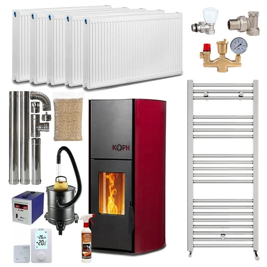 Termosemineu pe peleti KOPH PM 18 kW, 120 mp, Bordo, cu pompa, vas expansiune, grup siguranta si kit calorifere
