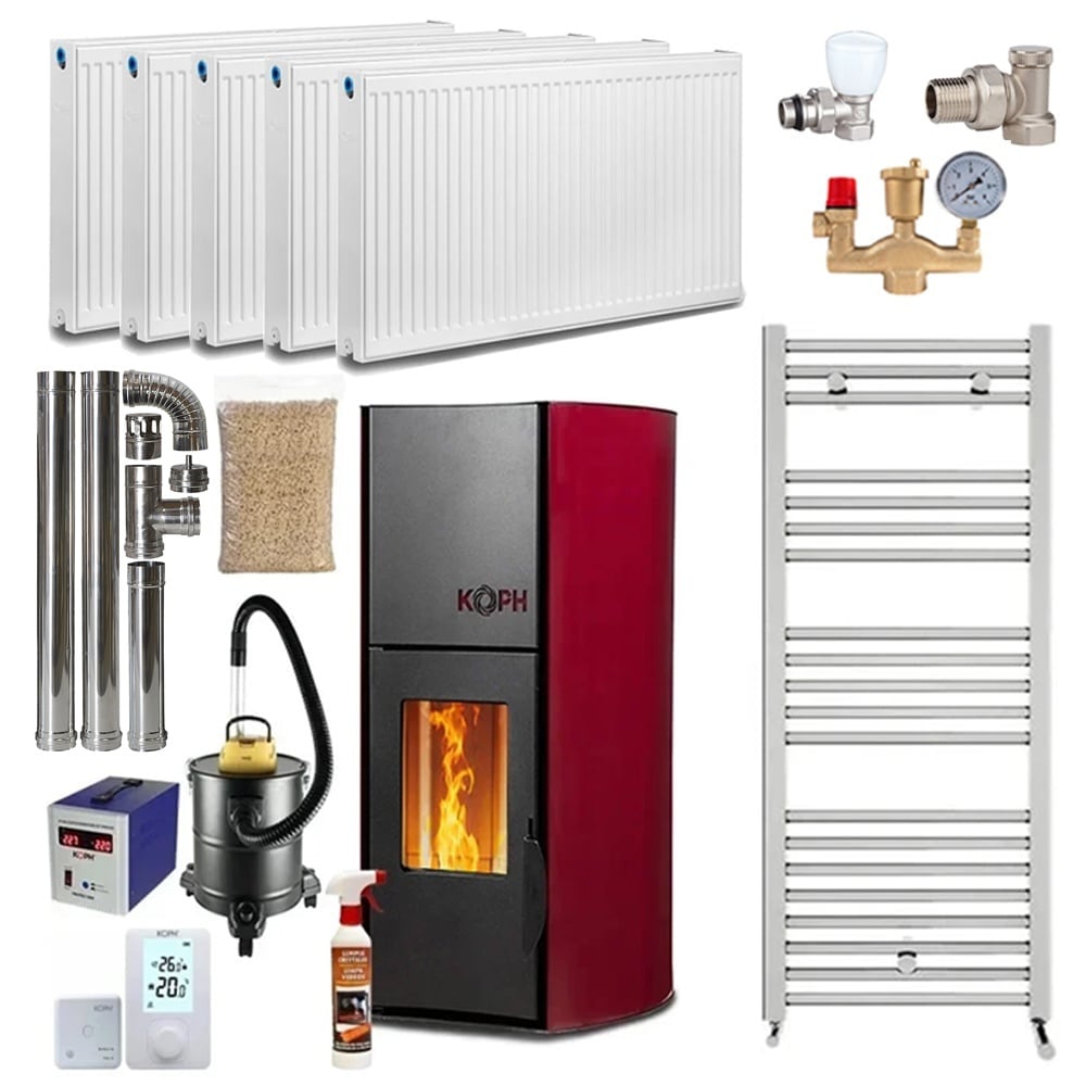 Pachet termosemineu cu peleti KOPH PM 18 kW, 120 mp, buncar 15 kg, diametru cos fum 80 mm, pompa recirculare si vas expansiune incorporate, Bordo, Calorifere, Grup siguranta
