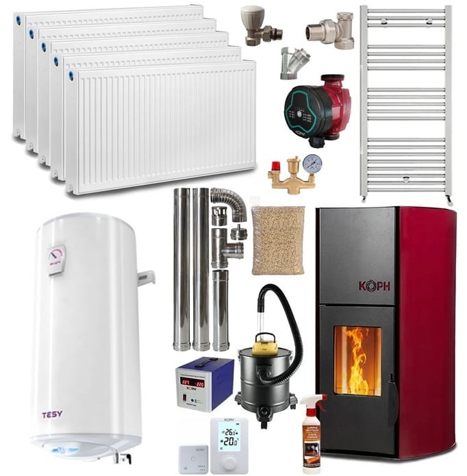 Pachet termosemineu cu peleti KOPH PM 18 kW, 120 mp, buncar 15 kg, diametru cos fum 80 mm, pompa recirculare si vas expansiune incorporate, Bordo, Calorifere, Boiler termoelectric
