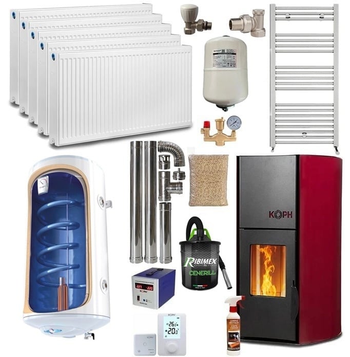 Pachet Termosemineu pe Peleti KOPH PM 18 kW pentru 120 mp, cu Boiler Tesy 80L, Pompa, Vas Expansiune si Kit Instalare Complet, Bordo