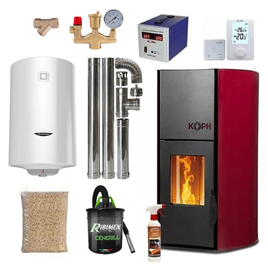 KOPH PM 18 kW Pellet Thermostove Package with 100L Ariston Boiler, 120sqm Coverage, 15kg Hopper, and Installation Accessories - Bordo