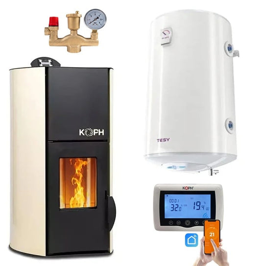 Pachet termosemineu cu peleti KOPH PM 25 kW Fiama, 160 mp, buncar peleti 25 kg, diametru cos fum 80 mm, Boiler Termoelectric 100 litri, Termostat inteligent, Grup de siguranta