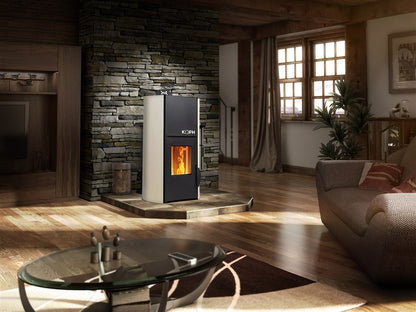 Pachet termosemineu cu peleti KOPH PM 25 kW Fiama, 160 mp, buncar peleti 25 kg, diametru cos fum 80 mm, pompa recirculare si vas expansiune incorporate, Crem