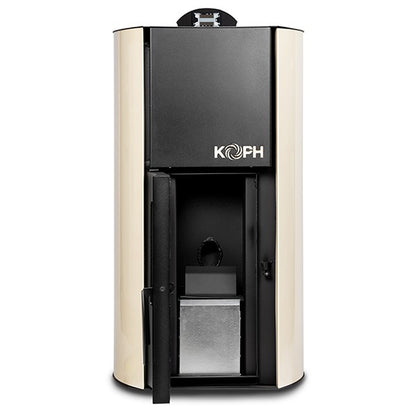 Pachet termosemineu cu peleti KOPH PM 25 kW Fiama, 160 mp, buncar peleti 25 kg, diametru cos fum 80 mm, pompa recirculare si vas expansiune incorporate, Crem