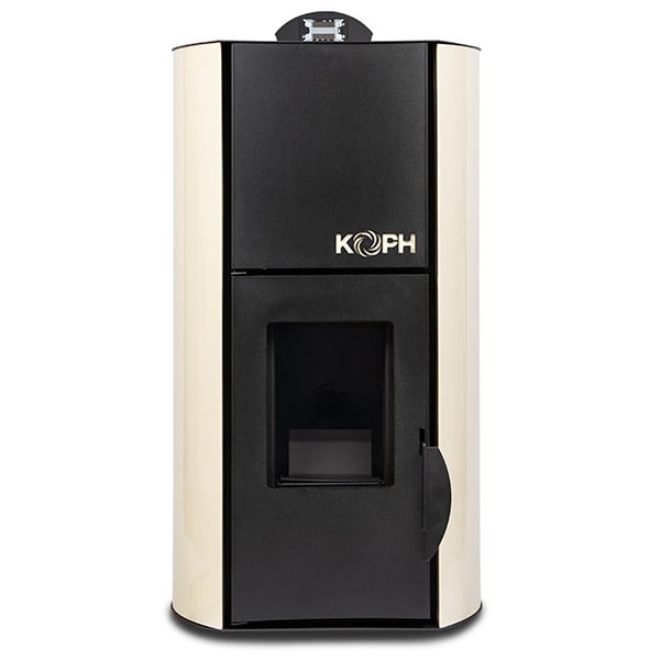 Pachet termosemineu cu peleti KOPH PM 25 kW Fiama, 160 mp, buncar peleti 25 kg, diametru cos fum 80 mm, pompa recirculare si vas expansiune incorporate, Crem