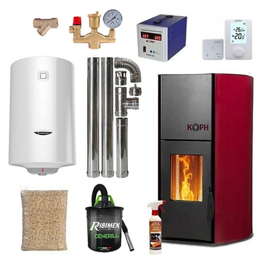 Pachet Termosemineu pe Peleti KOPH PM 25 kW, 160 mp, cu Boiler Termoelectric Ariston 100L, Accesorii Incluse, Bordo