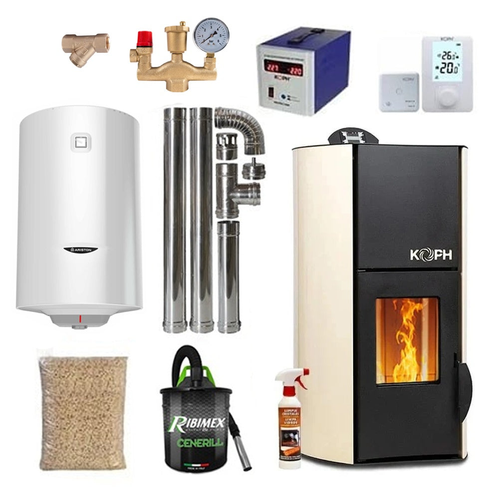 Pachet Termosemineu pe Peleti KOPH PM 25 kW, 160 mp, cu Boiler Termoelectric Ariston 100L, Pompa, Vas Expansiune si Accesorii, Crem