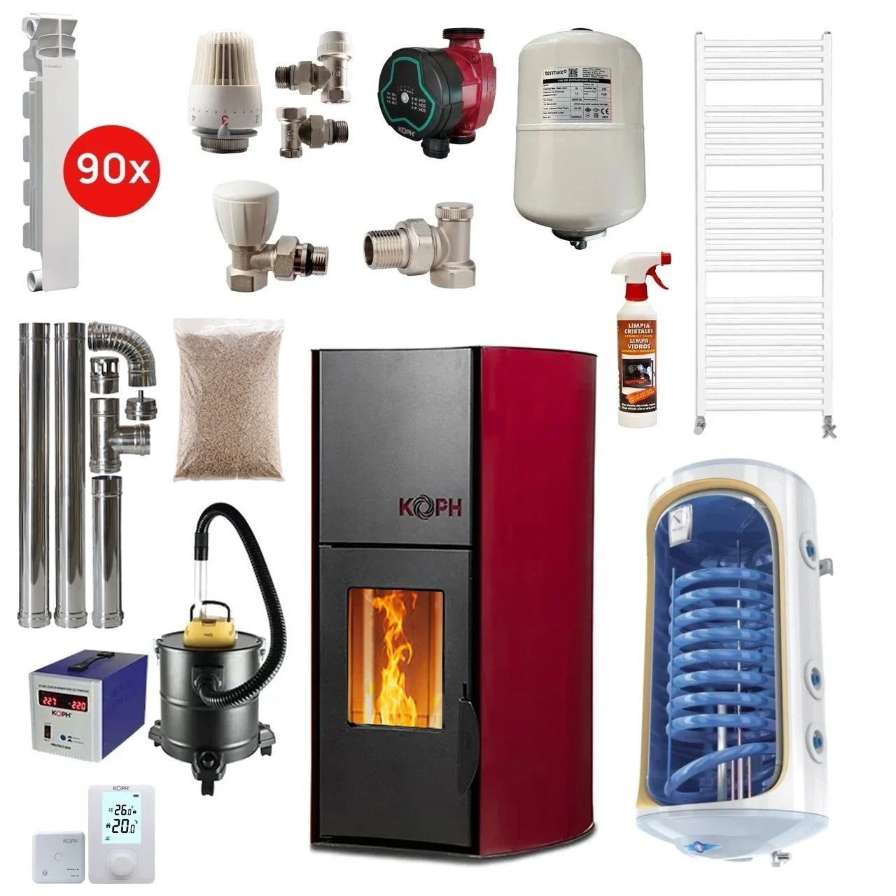 Pachet termosemineu cu peleti KOPH PM 25 kW Fiama, 170 mp, buncar peleti 25 kg, diametru cos fum 80 mm, Boiler Termoelectric 120 litri, Elementi Aluminiu + Accesorii Montaj