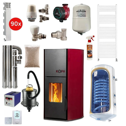 Pachet termosemineu cu peleti KOPH PM 25 kW Fiama, 170 mp, buncar peleti 25 kg, diametru cos fum 80 mm, Boiler Termoelectric 120 litri, Elementi Aluminiu + Accesorii Montaj