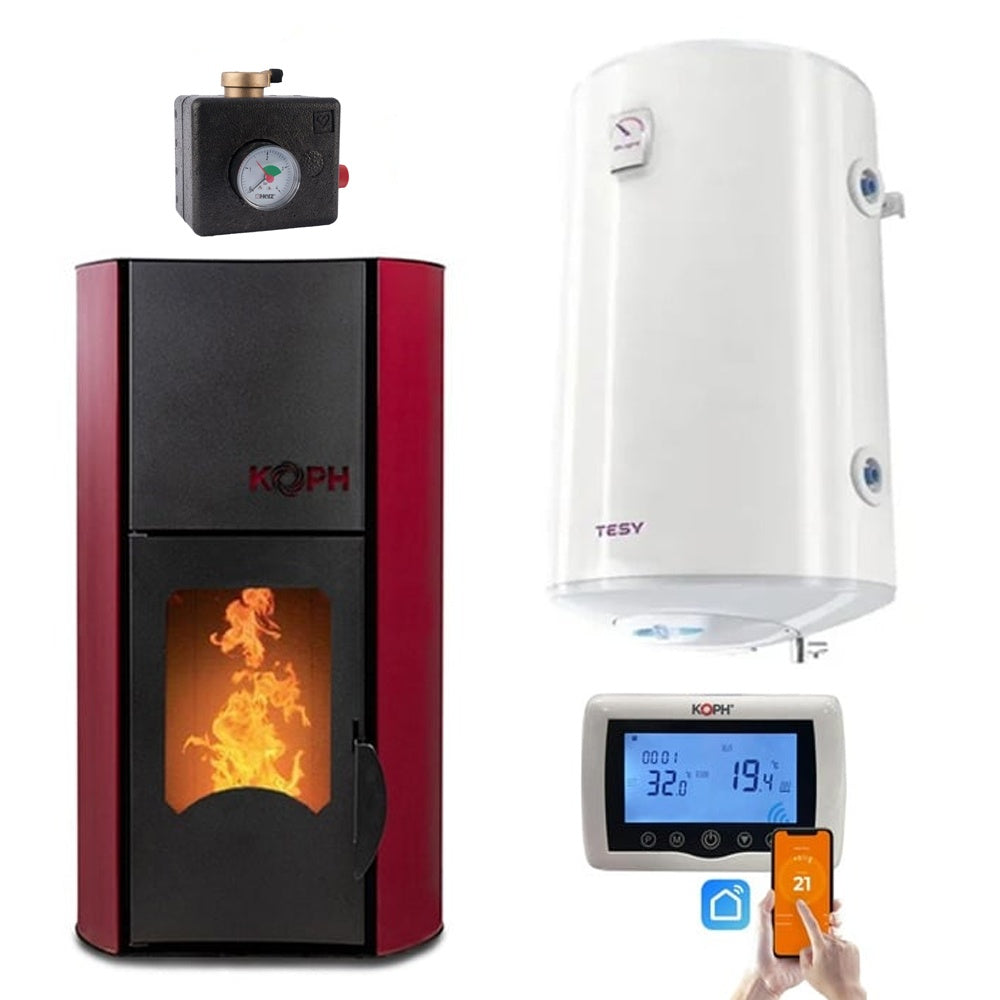 Pachet termosemineu cu peleti KOPH PM 25 kW Fiama, 170 mp, buncar peleti 25 kg, diametru cos fum 80 mm, Boiler Termoelectric 100 litri, Termostat inteligent, Grup de siguranta