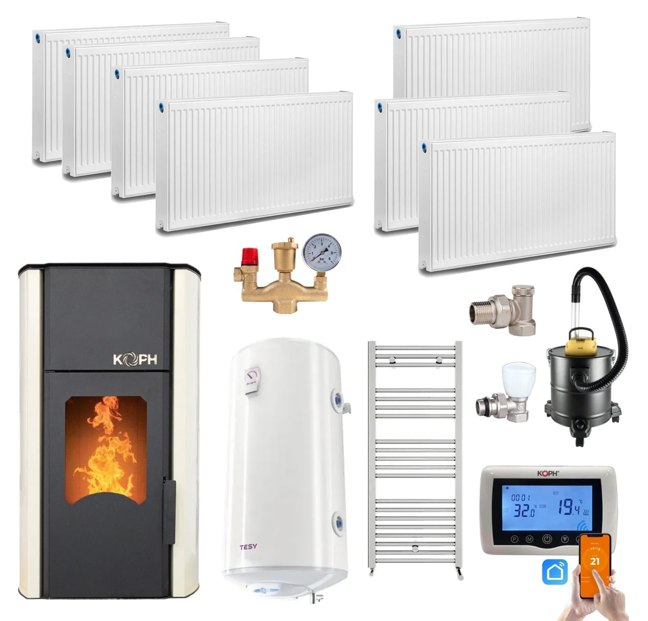 Pachet Termosemineu pe Peleti KOPH PM 30 kW pentru Incalzire 200 mp, cu Boiler Tesy 100L, Termostat Inteligent si Accesorii Complete