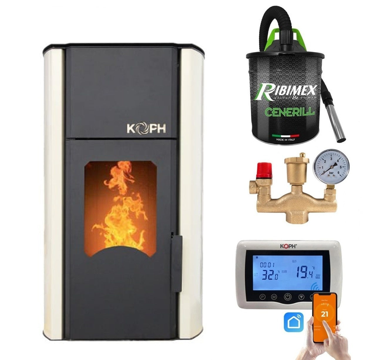 Termosemineu pe peleti KOPH PM 30 kW pentru incalzire 200 mp, cu kit complet de instalare si termostat inteligent