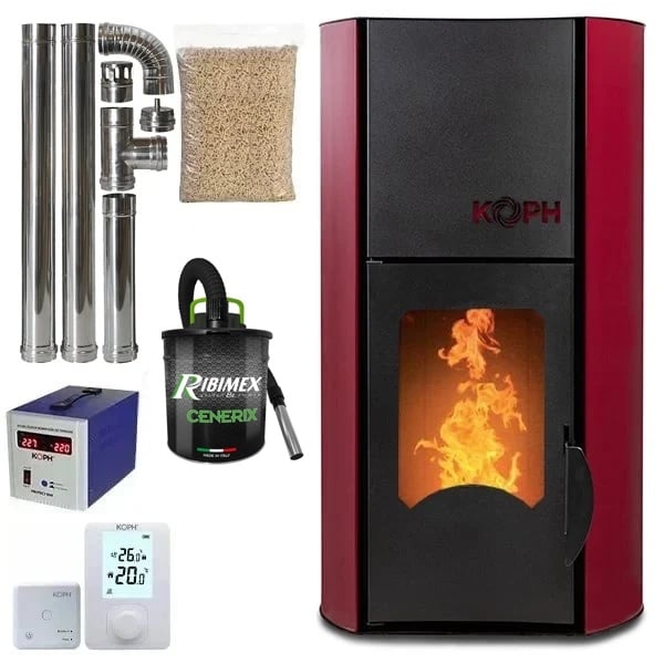 Pachet termosemineu cu peleti KOPH PM 30 kW, 200 mp, buncar peleti 30 kg, diametru cos fum 80 mm, pompa recirculare si vas expansiune incorporate, Bordo