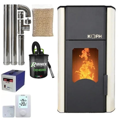 Termosemineu pe peleti KOPH PM 30 kW, 200 mp, buncar 30 kg, evacuare 80 mm, cu pompa si vas expansiune, Crem